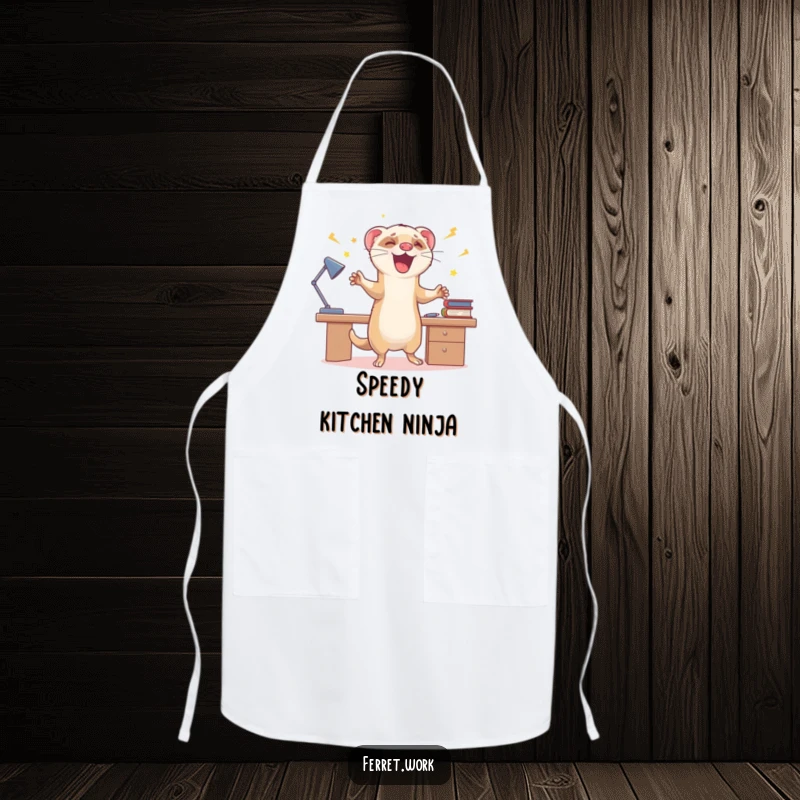 Funny apron showing a ferret doing enthusiastic zoomies around a desk, ideal for kitchen fun and energetic cooks.