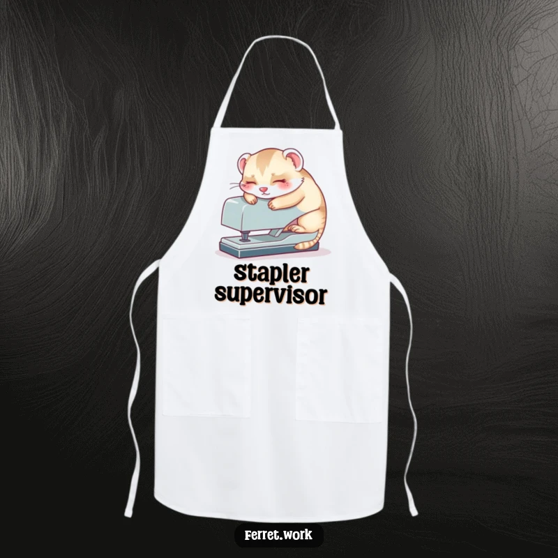 Funny kawaii office ferret napping on a large stapler, a humorous and practical apron for kitchen duties and giggles.