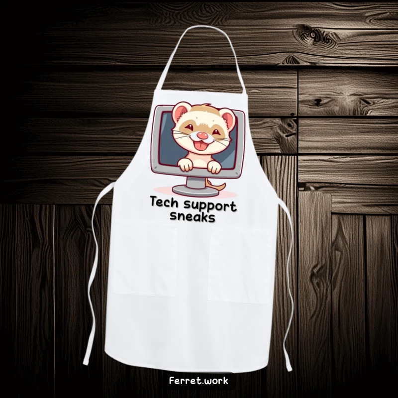 Funny apron with a grinning ferret peeking from behind a computer screen, ideal for humorous kitchen adventures.