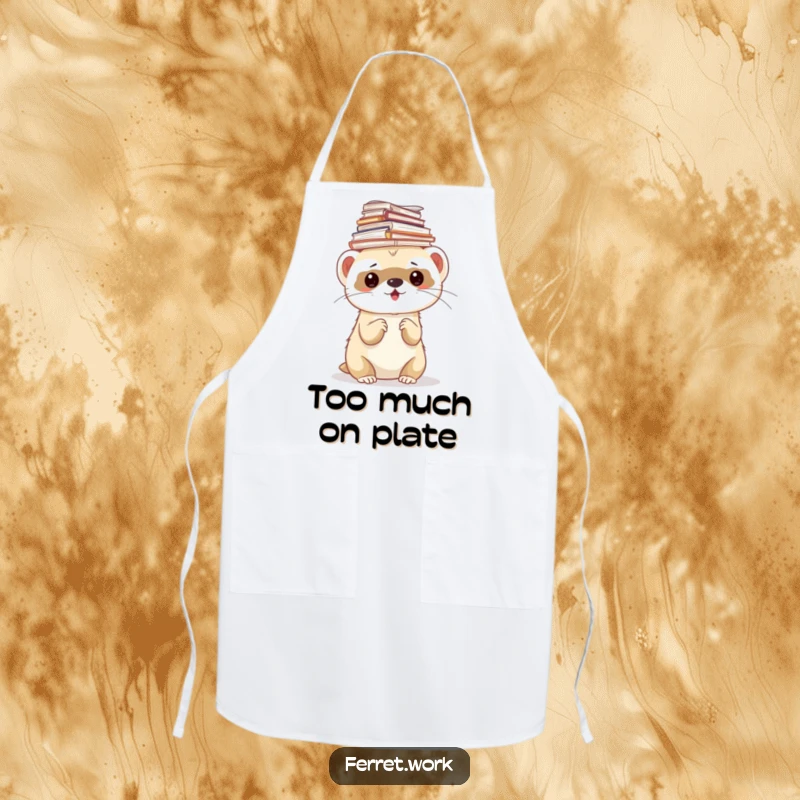 Funny ferret apron featuring a ferret balancing a stack of papers on its head, ideal for kitchen tasks.