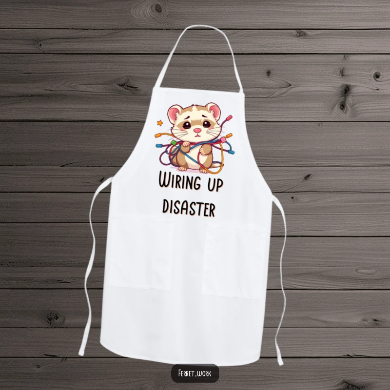 Funny confused kawaii office ferret tangled in a web of wires, a humorous and practical apron for kitchen adventures.