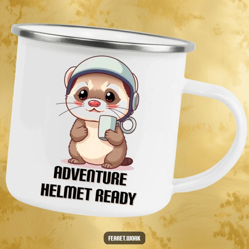 Funny kawaii office ferret wearing a coffee mug as a tiny helmet, looking ready, printed on a camping mug.