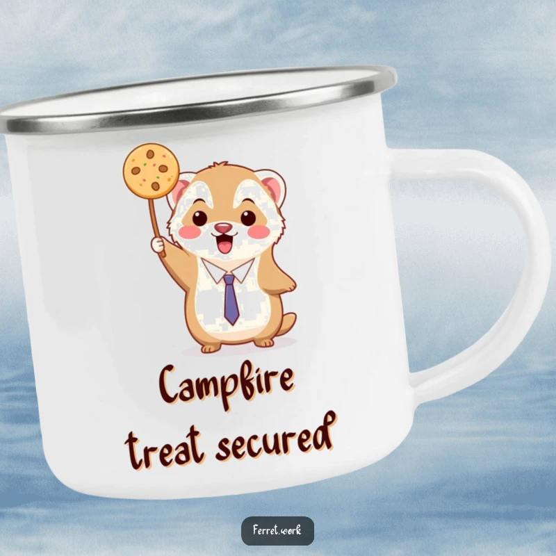 Funny kawaii office ferret triumphantly holding up a single delicious cookie, printed on a camping mug.