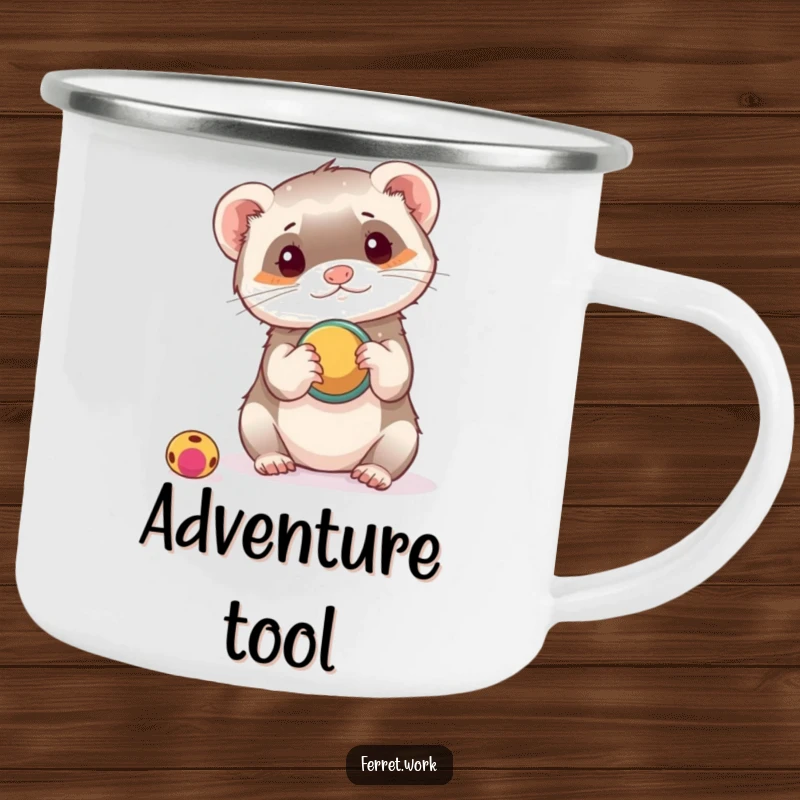 Funny camping mug with a ferret playfully using a hole punch as a toy, perfect for humorous outdoor moments.