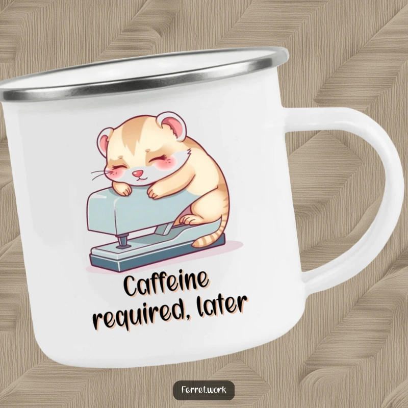 Funny kawaii office ferret asleep on a giant stapler, a durable and humorous camping mug for coffee lovers.