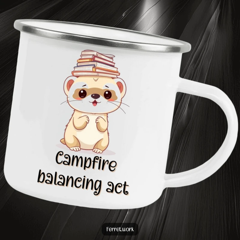 Funny ferret camping mug with a ferret balancing a stack of papers on its head, ready for outdoor tasks.
