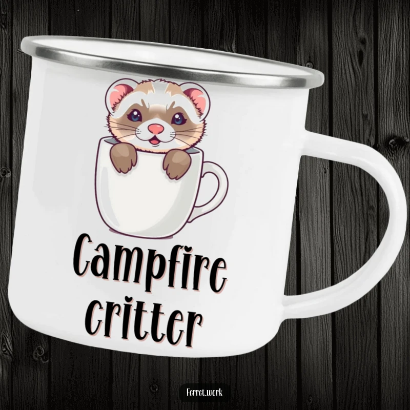 Funny camping mug with a ferret hiding in a coffee mug, ears peeking out, perfect for humorous outdoor moments.