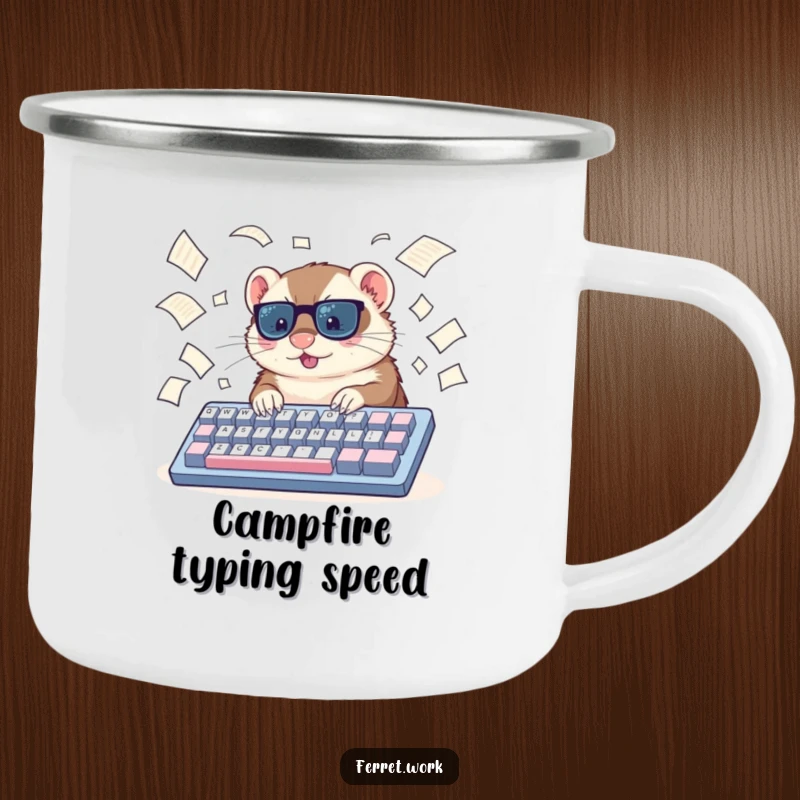 Funny ferret camping mug, a ferret typing furiously on a large keyboard amidst papers, perfect for outdoor breaks.