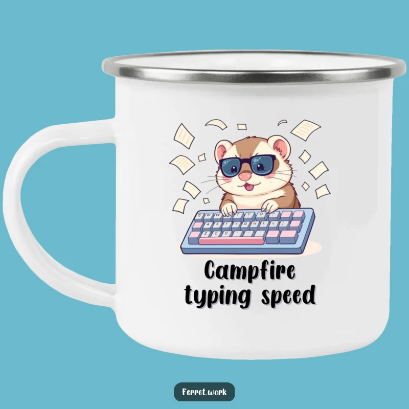 Funny Ferret Typing Camping Mug: Office Escape & Humor Gift