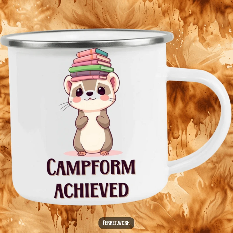 Funny ferret character balancing a stack of forms on its head on a camping mug, for outdoor humor.