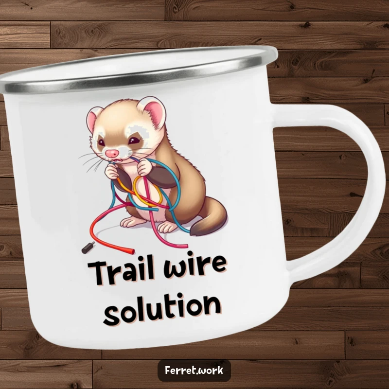 Funny and durable camping mug featuring a ferret playfully untangling a colorful mess of wires, perfect for chaotic camping trips, funny gift.