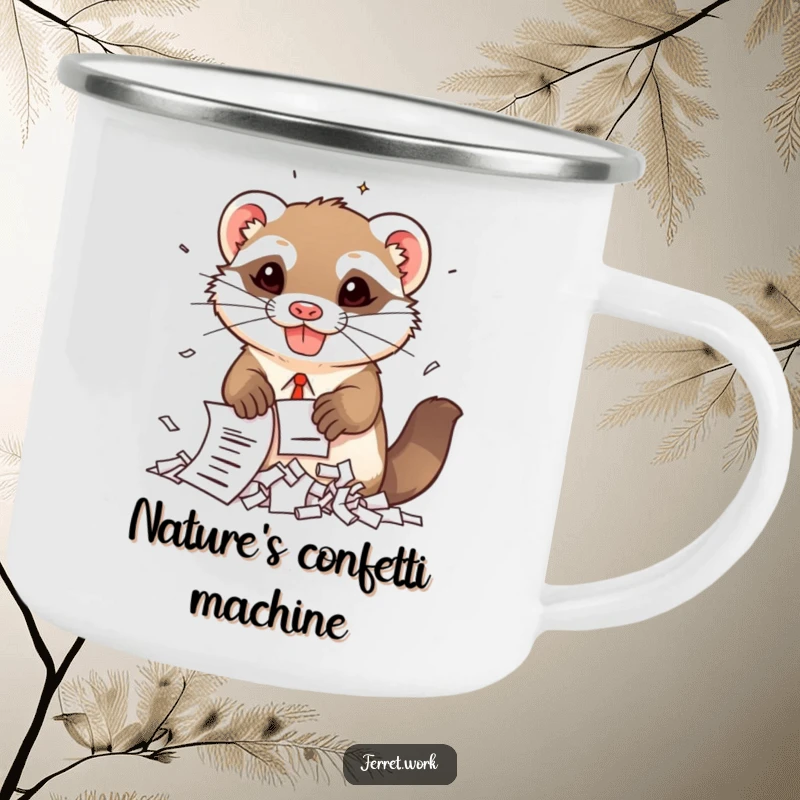 Funny kawaii office ferret with a mischievous grin, shredding documents, printed on a durable camping mug.