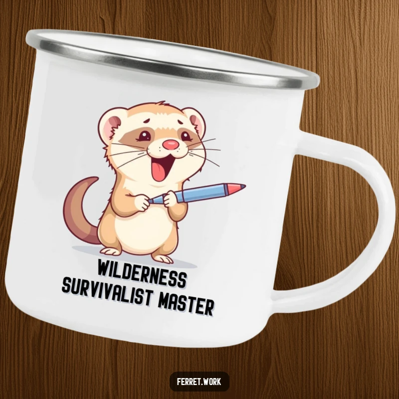 Funny camping mug: A busy ferret juggling office essentials, ready for outdoor adventures and morning brews.