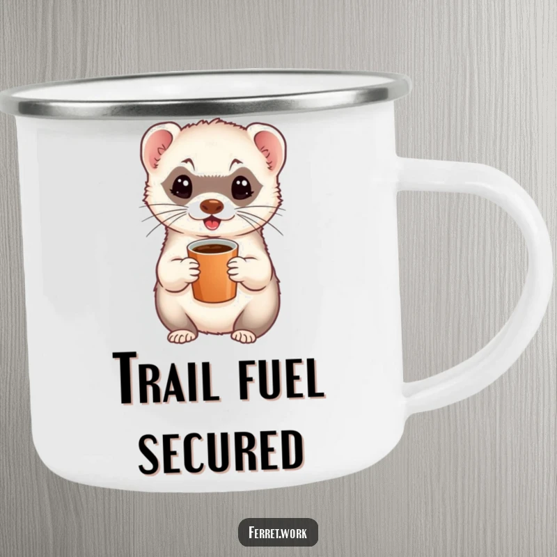 Funny enamel camping mug showcasing an energetic ferret with a tiny coffee cup, ready for any outdoor escapade.