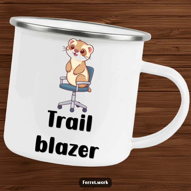 Funny camping mug with a ferret joyfully riding an office chair, bringing humorous energy to outdoor settings.