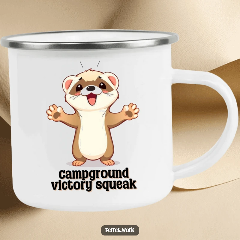 Funny Ferret Camping Mug with a cute ferret holding paws up in celebration of a goal, bringing joy to outdoor adventures.