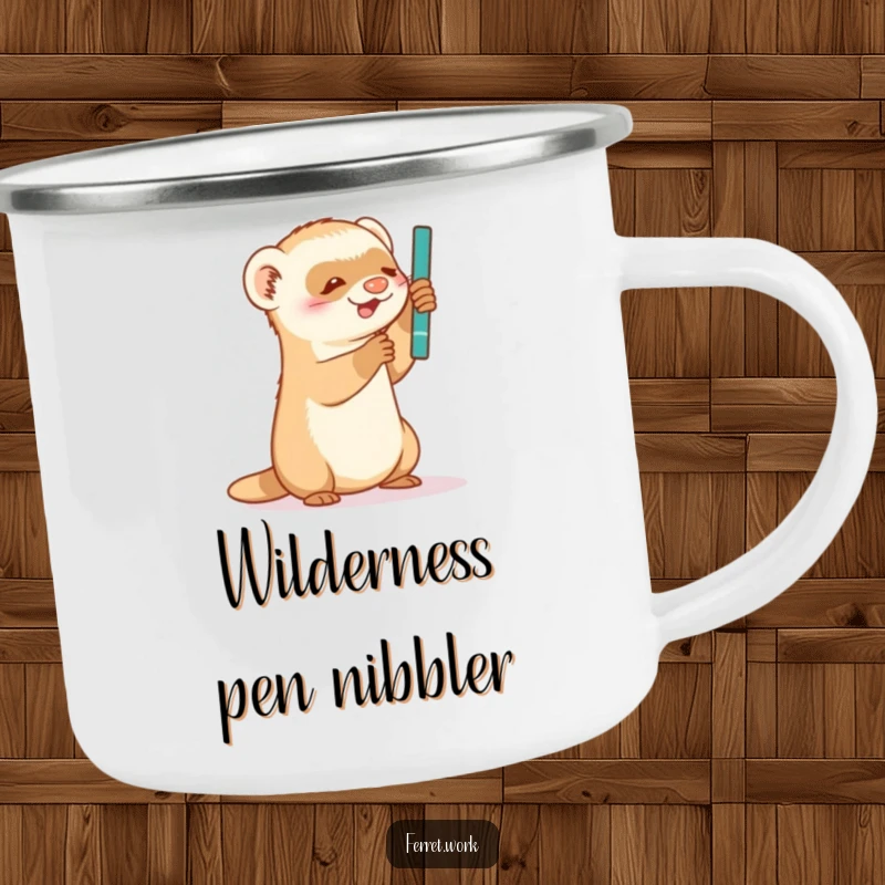 Funny Camping Mug: A tough mug featuring a ferret hilariously batting at a pen, ready for the great outdoors.