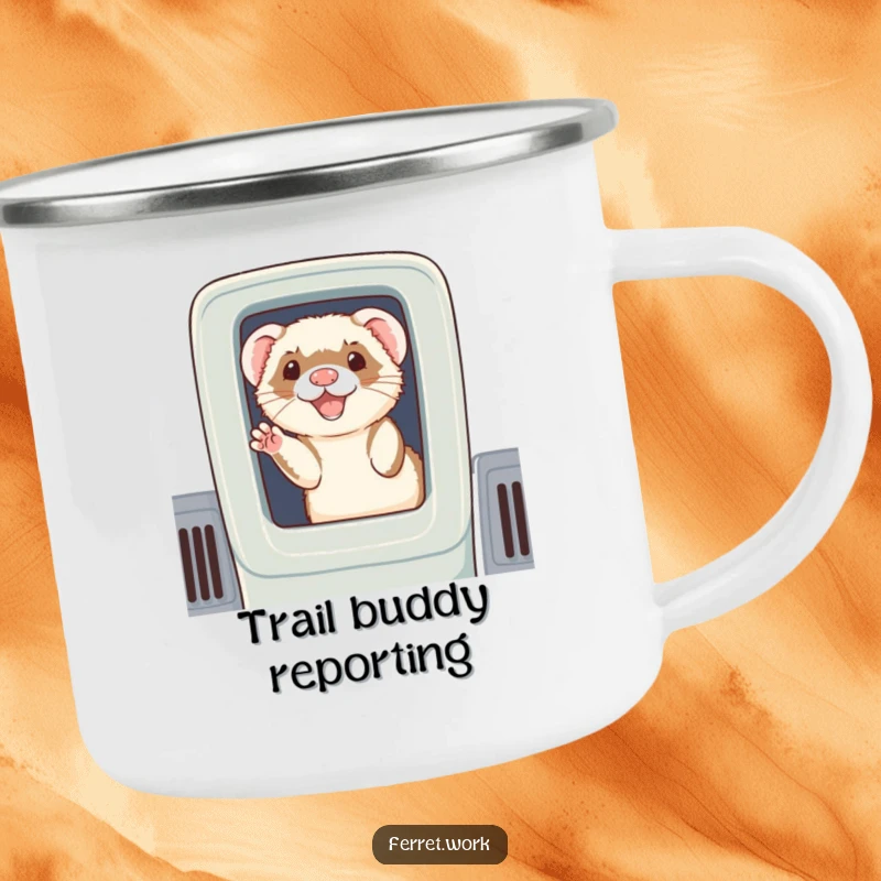 Funny camping mug: A cheerful ferret peeking from a cubicle, waving hello to accompany your outdoor adventures.