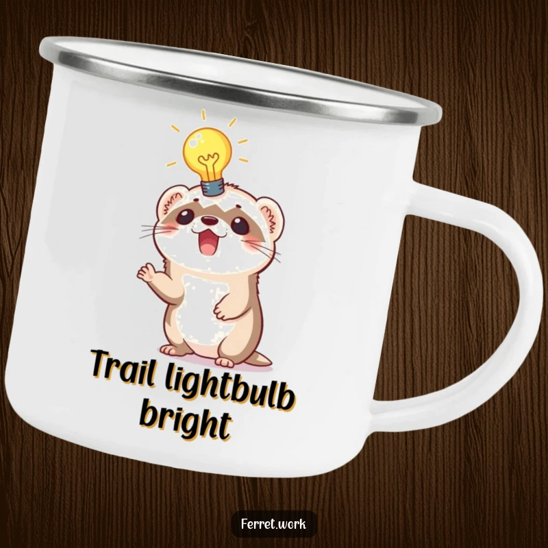 Funny camping mug with an excited ferret holding a brightly lit lightbulb above its head for outdoor inspiration.