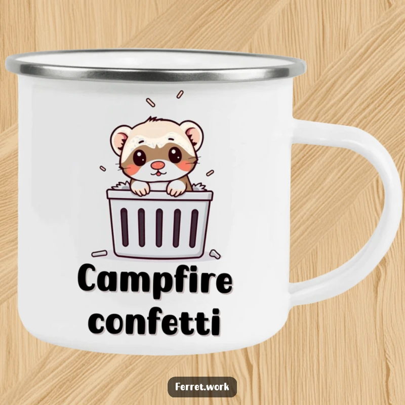 Funny ferret popping its head out of a paper shredder on a camping mug, perfect for outdoor humor.