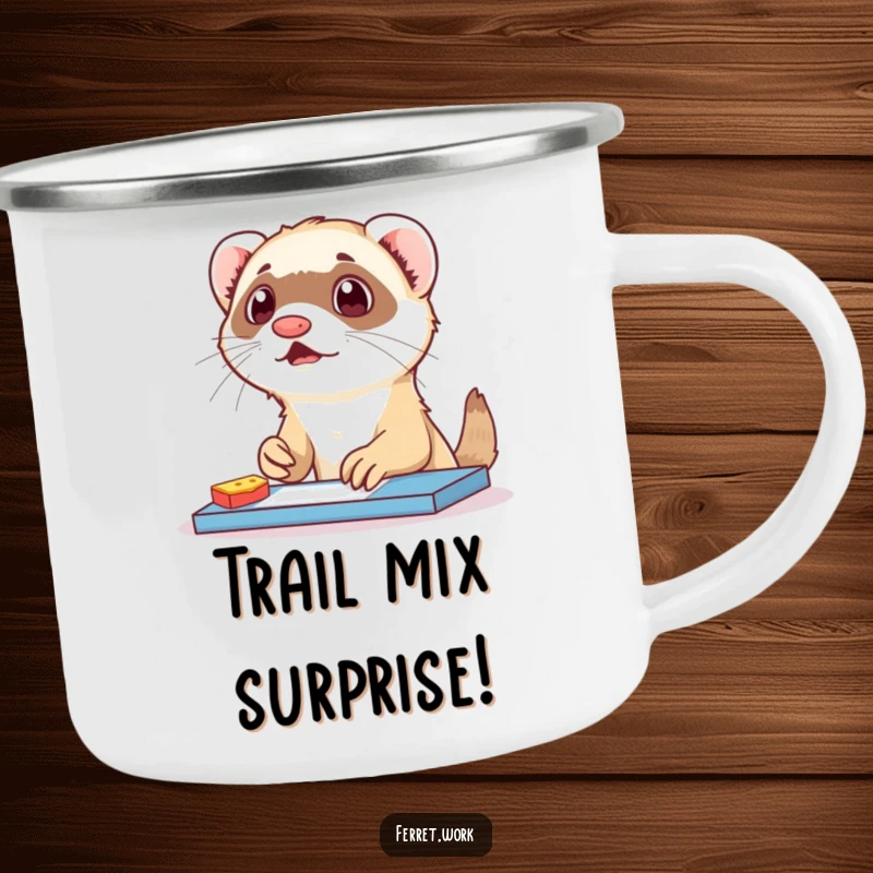 Funny ferret camping mug featuring a surprised ferret caught snacking at a desk. Rugged and humorous.