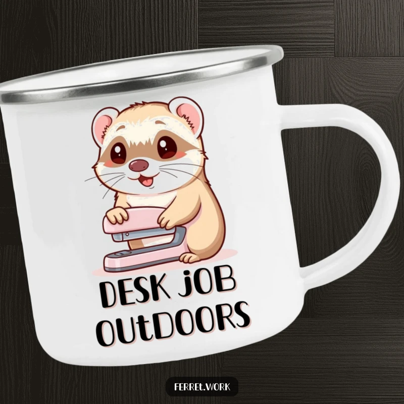 Funny camping mug with a ferret offering a stapler and nodding, perfect for humorous outdoor sips and office fans.