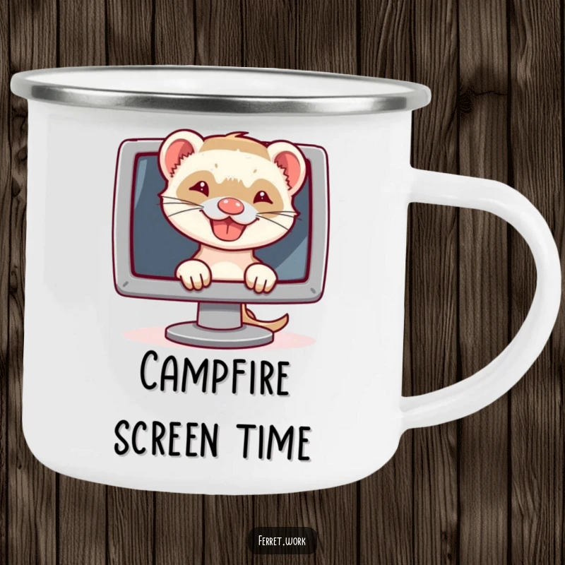 Funny camping mug with a grinning ferret peeking over a computer monitor, perfect for humorous outdoor sips.