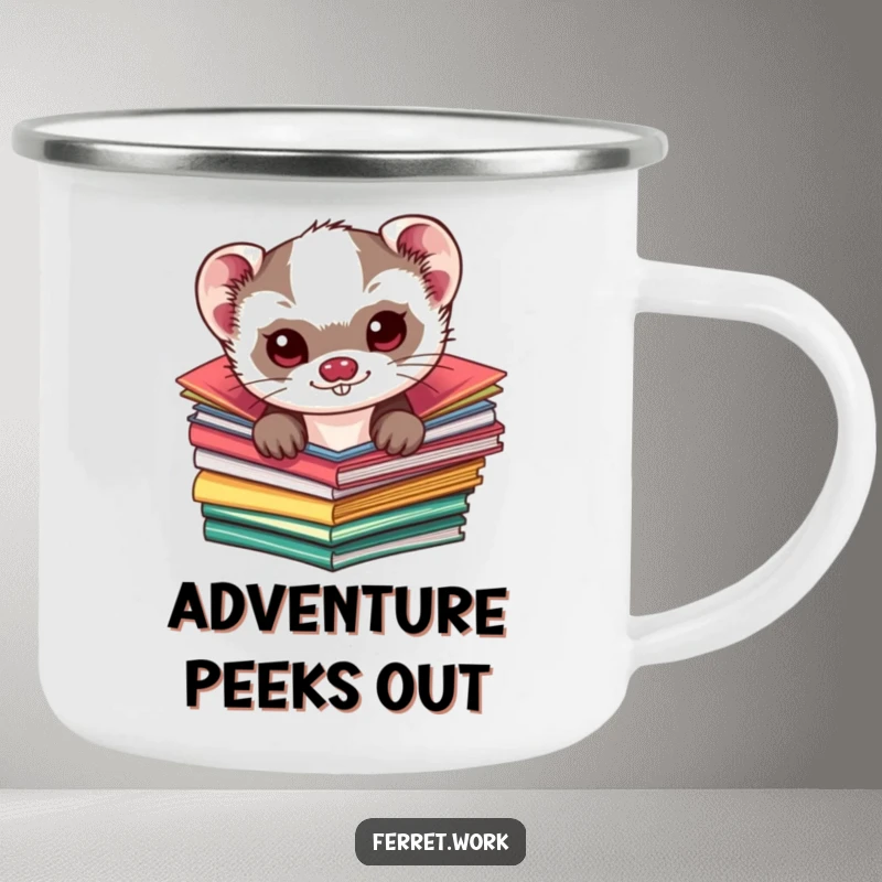 Funny kawaii ferret camping mug, a mischievous cute ferret peeking from colorful folders, designed for outdoor adventures.