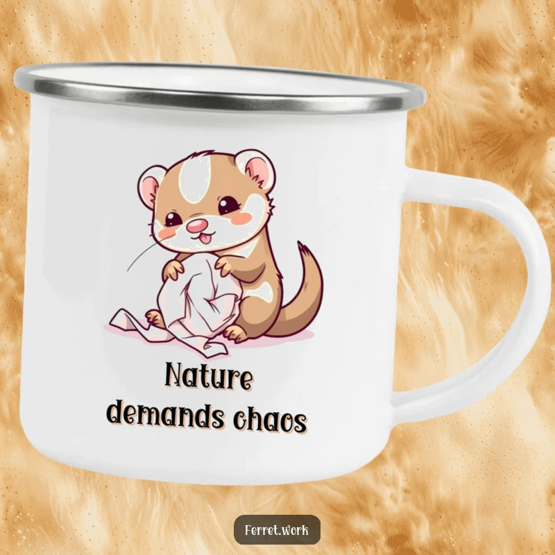 Funny kawaii office ferret amidst paper chaos, a durable and humorous camping mug.