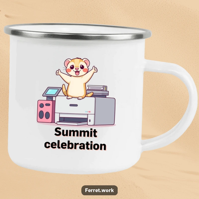 Funny kawaii office ferret doing a joyous victory dance on a printer, a humorous camping mug design.