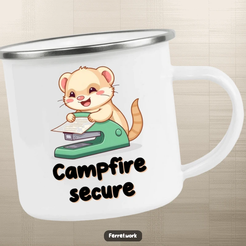 Funny kawaii office ferret joyfully stapling papers with a comically huge stapler, a humorous camping mug design.