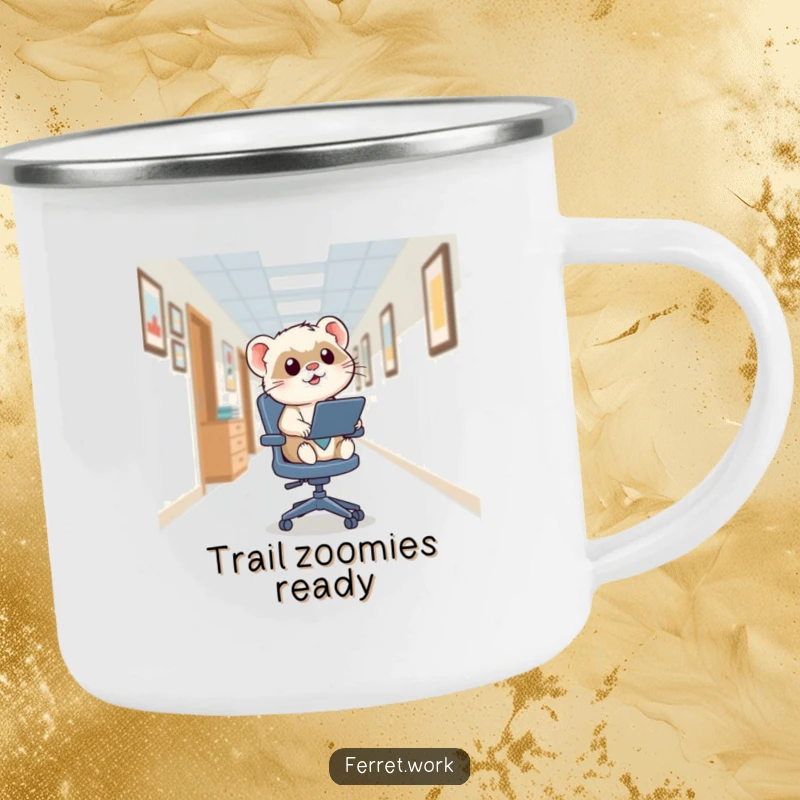 Funny kawaii office ferret zooming on a squeaky swivel chair, perfect for a humorous camping or outdoor adventure mug.