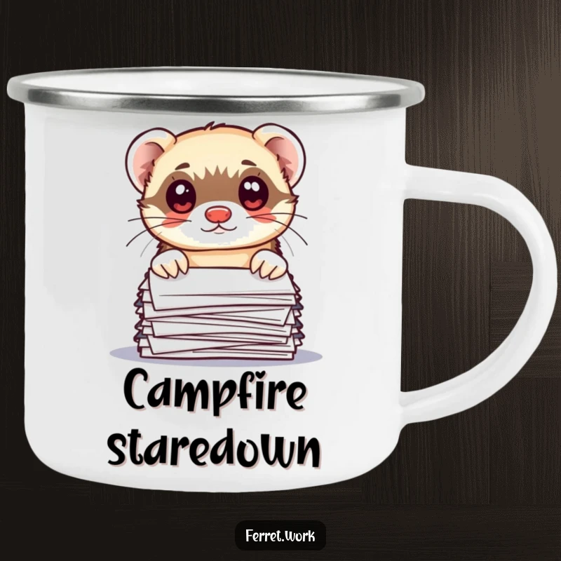 Funny kawaii office ferret peeking over papers with wide eyes on a durable, funny camping mug.