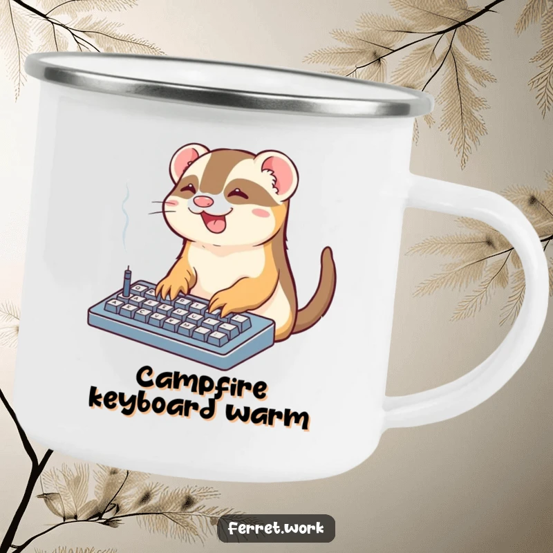 Funny Office Ferret Camping Mug: A kawaii ferret types on a smoking keyboard, a humorous and durable outdoor drinkware.