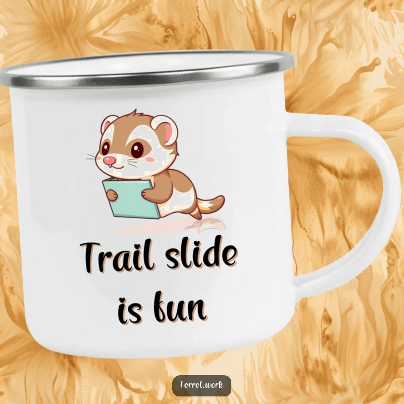 Funny Kawaii Office Ferret Camping Mug: A cute ferret comically slides on a file folder across a floor, perfect for outdoor drinks.