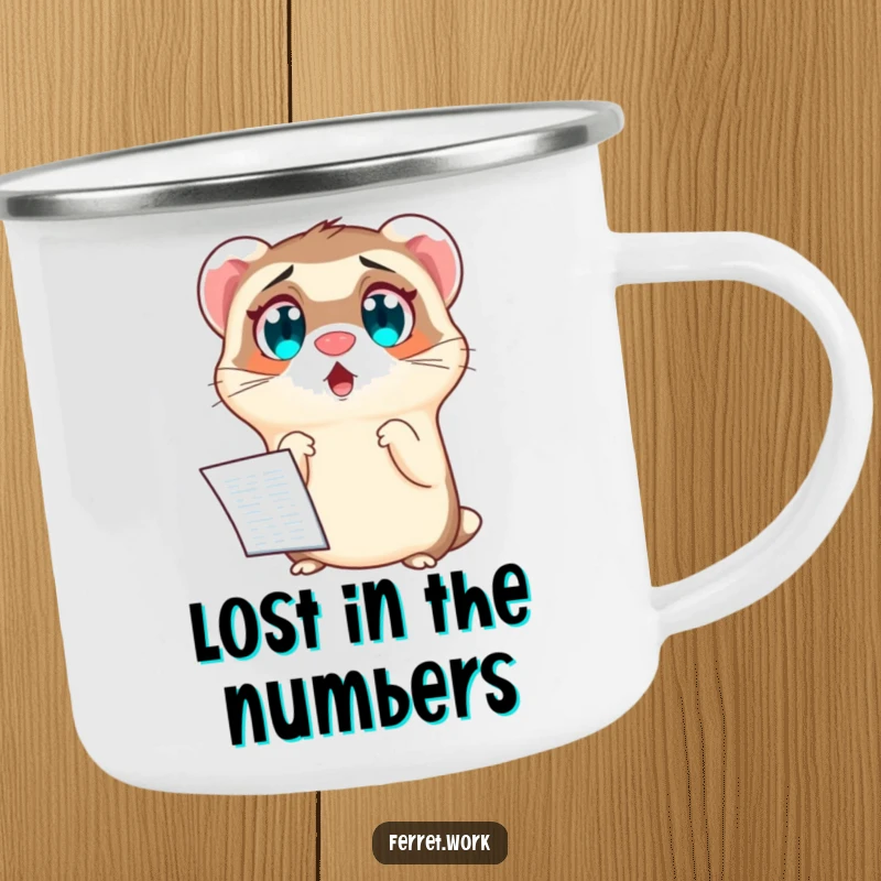 Funny camping mug with a ferret showing exaggerated wide eyes, surprised by a complex spreadsheet. Outdoor office humor.