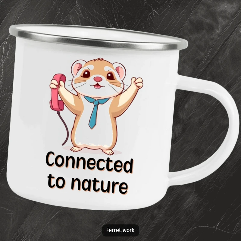 Funny triumphant kawaii office ferret holding a dangling phone cord, a humorous and rugged camping mug.