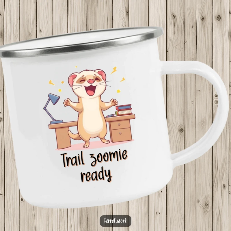 Funny camping mug with a ferret doing enthusiastic zoomies around a desk, perfect for enjoying drinks outdoors with high energy.