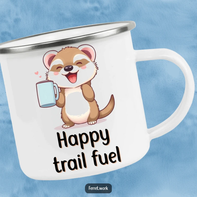 Durable funny camping mug with a cute ferret holding a coffee mug, showcasing pure joy. Great for outdoors.