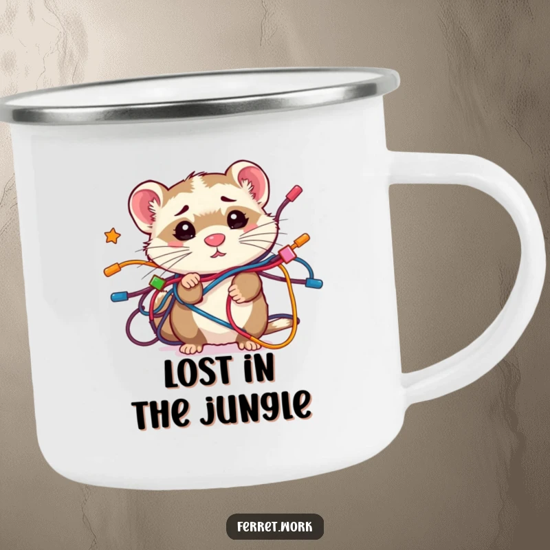 Funny confused kawaii office ferret tangled in colorful wires, a humorous and rugged camping mug.