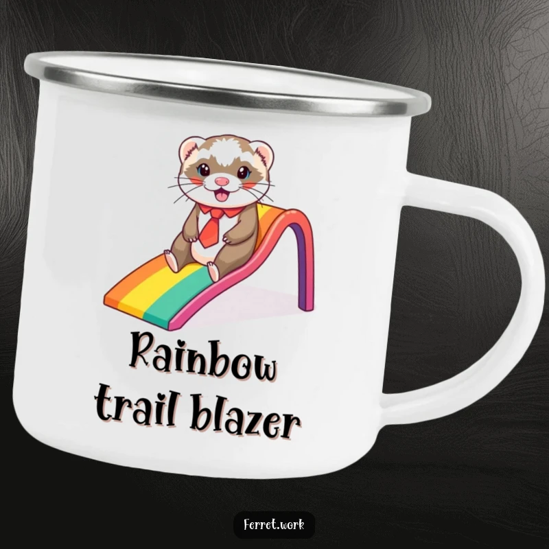 Funny ferret camping mug, a ferret in a tie sliding down a rainbow office slide, designed for outdoor adventures and fun.