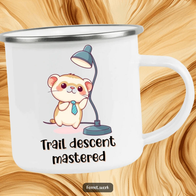 Funny kawaii office ferret in a tiny tie sliding down a desk lamp cord, printed on a camping mug.