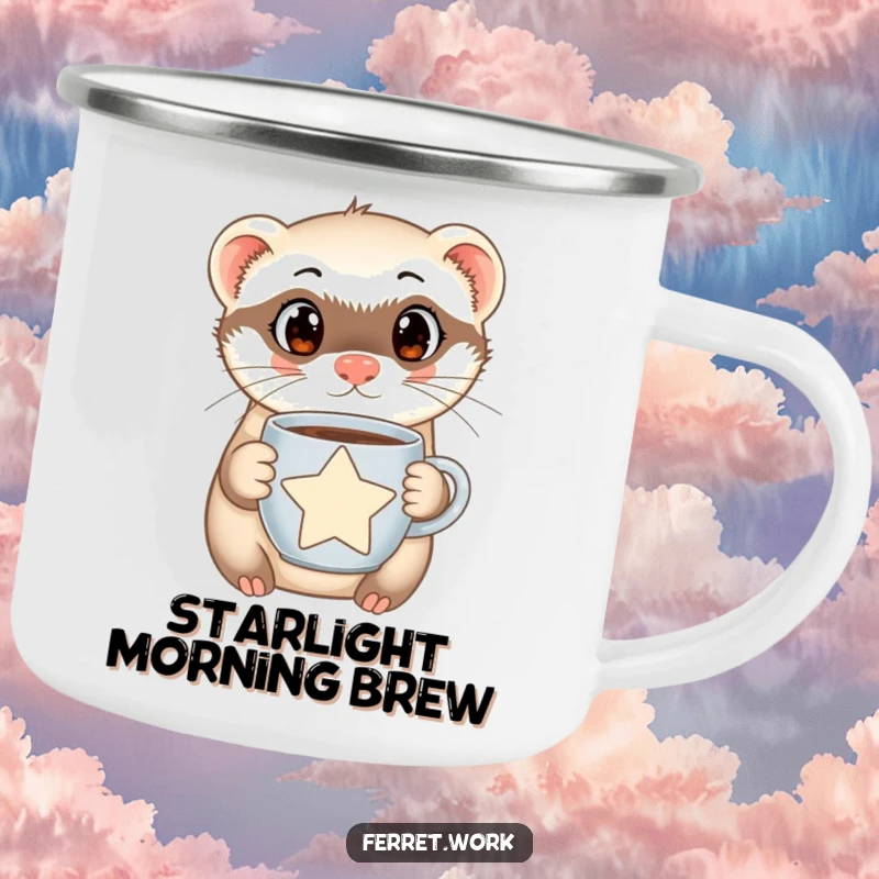 Funny Ferret Camping Mug with a curious ferret holding a star-shaped coffee mug, designed for outdoor enthusiasts and coffee lovers.