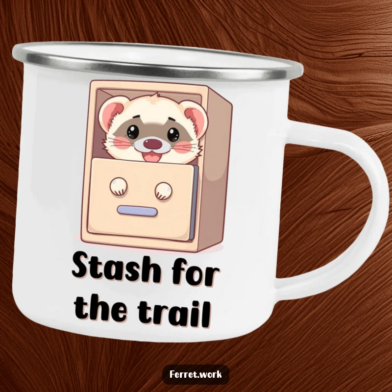 Funny camping mug with a grinning ferret peeking from a filing cabinet, perfect for enjoying drinks on the go with humor.