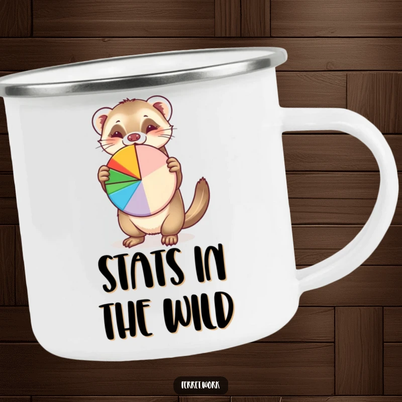 Funny camping mug with a happy ferret enthusiastically presenting a colorful pie chart, perfect for enjoying drinks outdoors with humor.