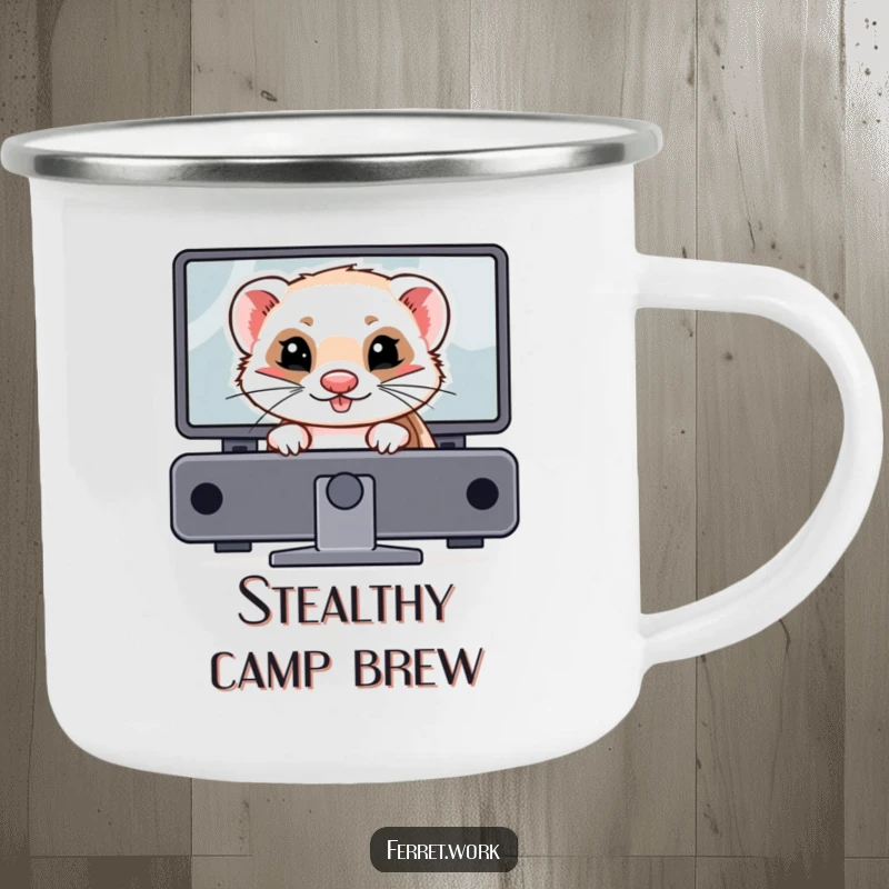 Funny ferret camping mug featuring a mischievous ferret hiding behind a computer monitor. Rugged prankster gear.
