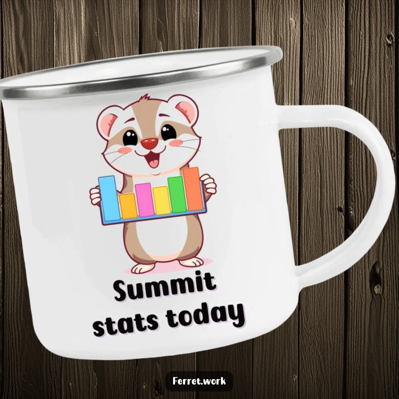 Funny kawaii ferret character enthusiastically presenting a colorful bar graph on a sturdy camping mug for outdoor enjoyment.