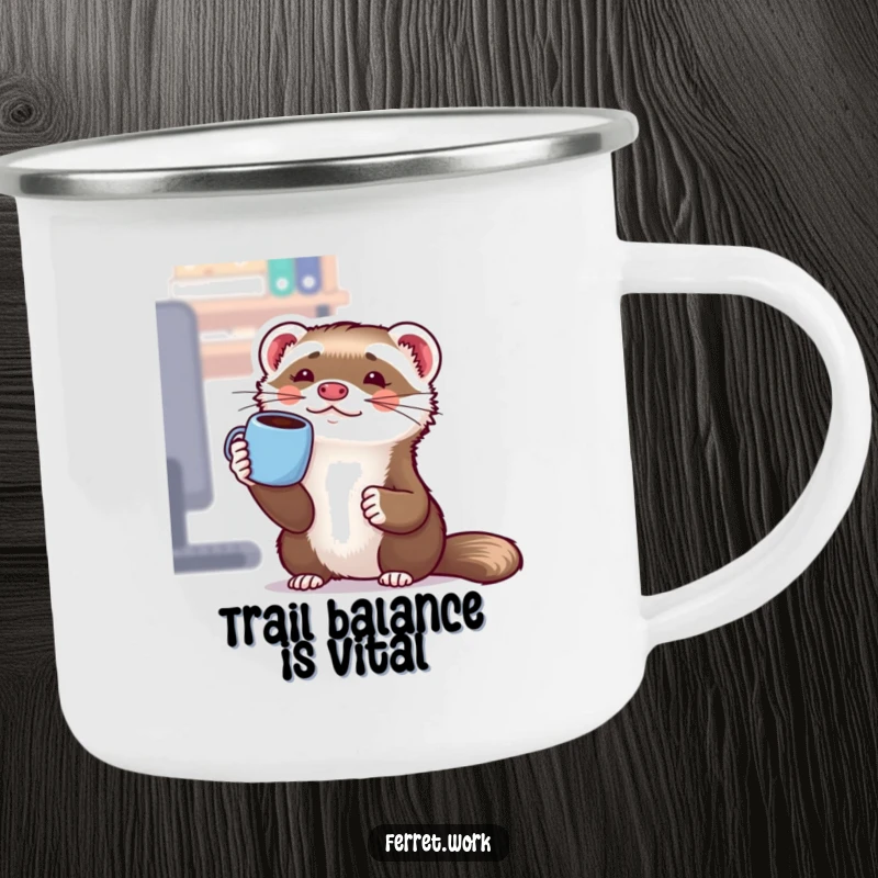 Funny Kawaii Office Ferret Camping Mug: A cute ferret comically balances a coffee mug on its nose, perfect for outdoor drinks.