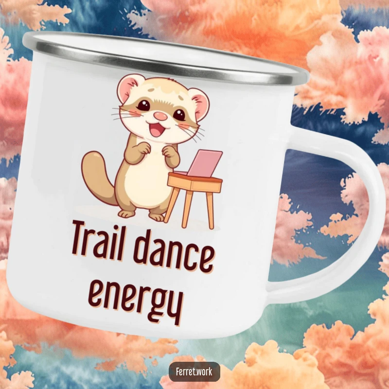 Funny camping mug with a ferret doing a happy dance at a small desk, perfect for humorous outdoor sips.