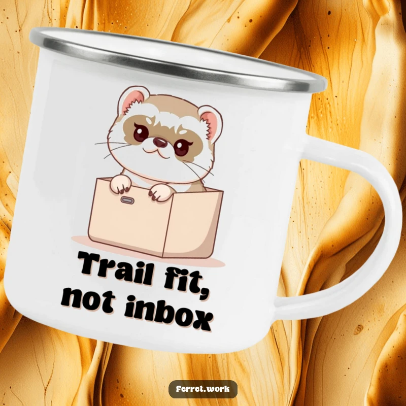 Funny Camping Mug: A determined ferret humorously trying to fit into a tiny inbox, great for outdoor use.